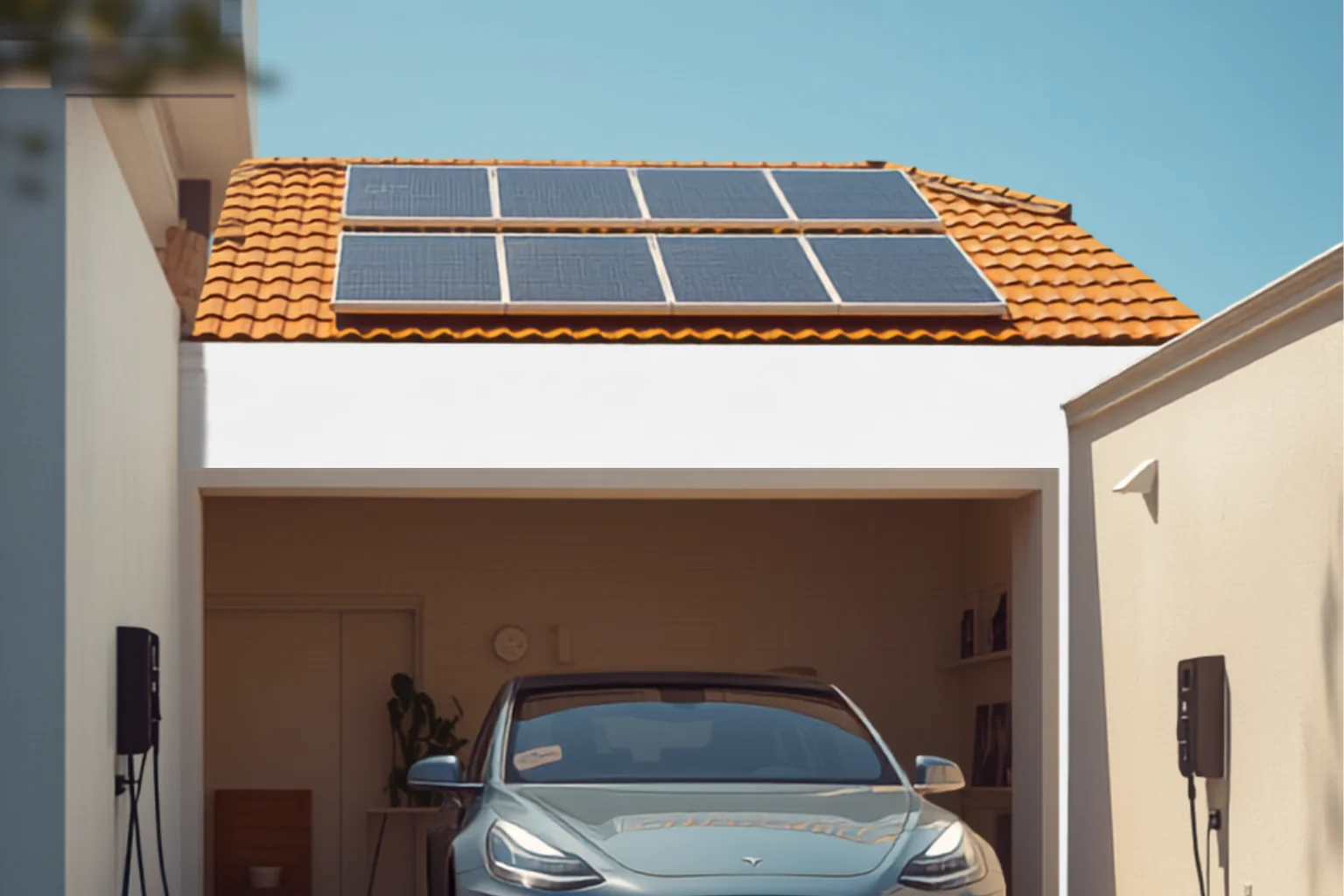 Carro elétrico carregando na garagem de uma casa com painéis solares instalados no telhado, sob céu ensolarado.